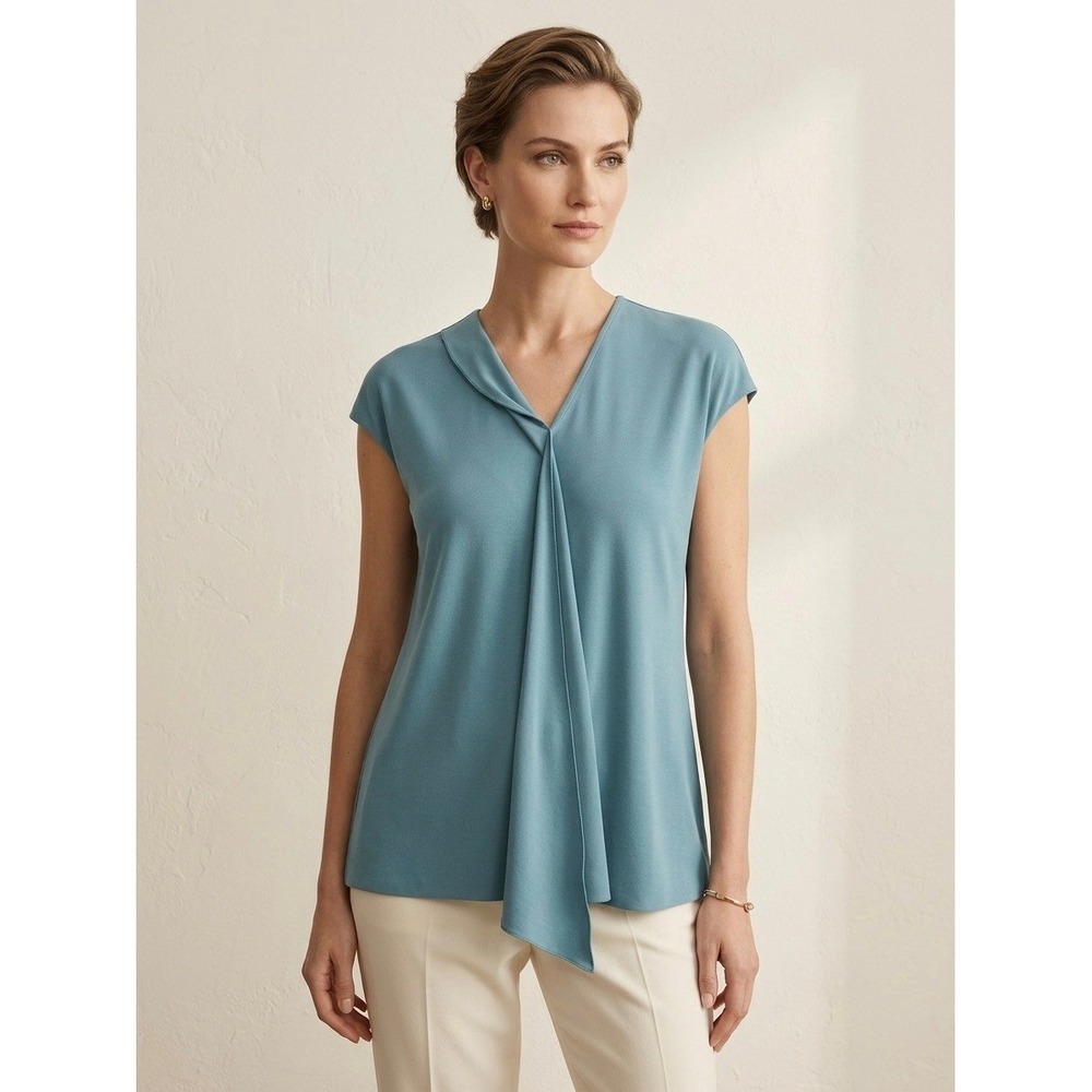 Lafayette 148 New York Teal Blue Draped Front V-Neck Sleeveless Blouse Small